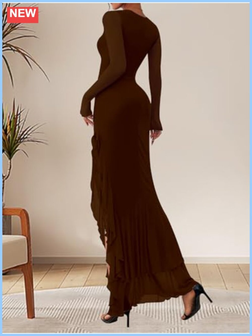 Women's Bodycon Maxi Dress Long Sleeve Square Neck High Slit Party Cocktail - Picture 4 of 6